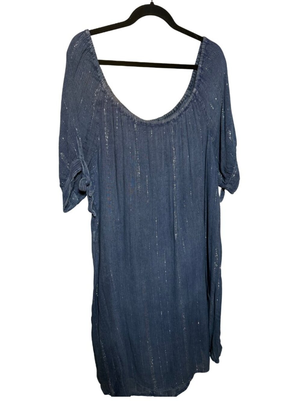 Mlle Gabrielle Blue Crinkle Gauze Dress Silver Metallic Stripe Tie Sleeve 2X 016